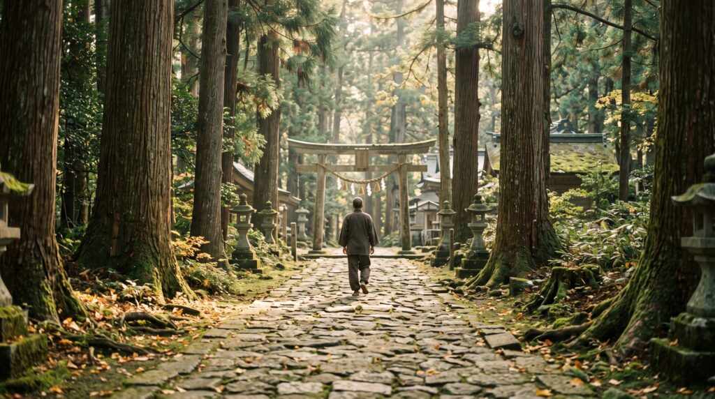 朝の光が差す境内の石畳を歩く後ろ姿
