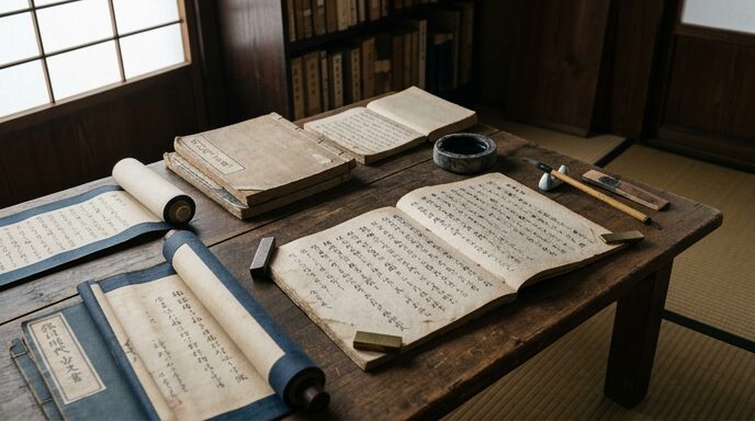 木の机の上に置かれた古い和綴じ文書のイメージ
