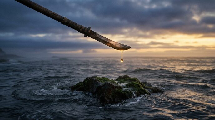 天沼矛から滴が落ち、オノゴロ島が生まれる場面