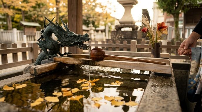 秋の神社の手水舎