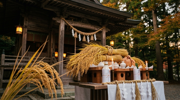 神社の祭壇に奉納された秋の稲穂