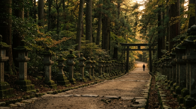 神社の参道の遠景、夕暮れの静けさ