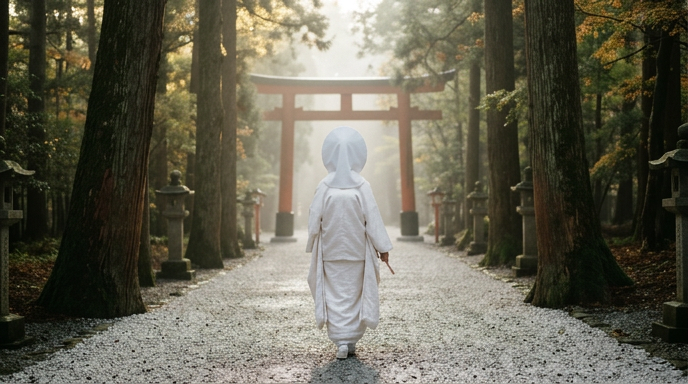 秋の朝、白無垢の花嫁が神社の参道を歩く後ろ姿