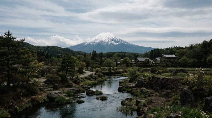 雪をいただく富士山と手前に湧水をたたえた風景