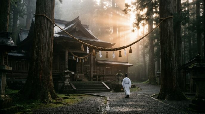 夜明けの神社、朝霧に包まれた社殿と神職の後ろ姿