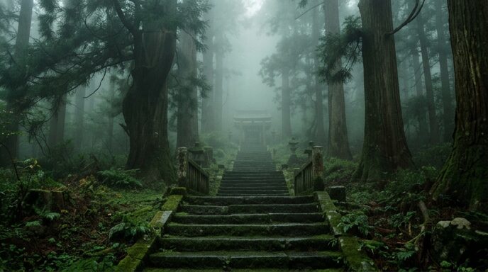 霧に包まれた古い石段と杉木立