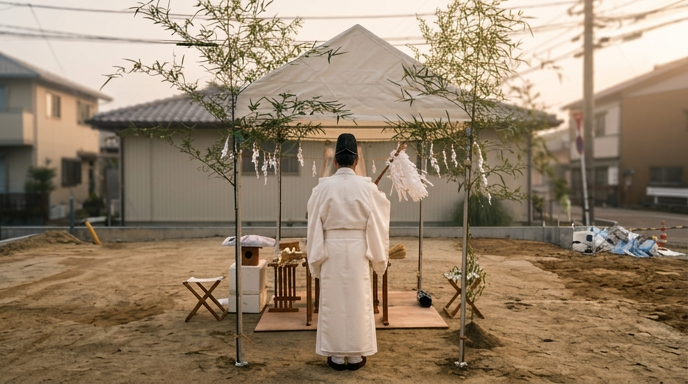 白い装束の神職が大幣を手に祭壇の前に立つ後ろ姿