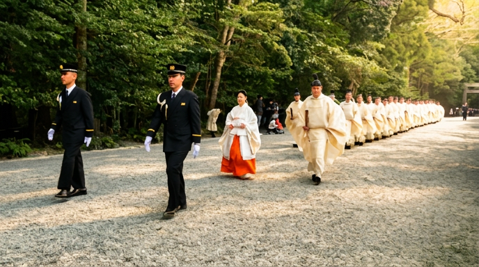 神社の祭典で並ぶ神職たちの遠景