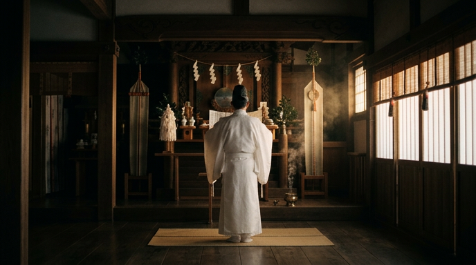 夜明けの神社で祝詞を奉じる神職の後ろ姿と、障子から差し込む金色の光