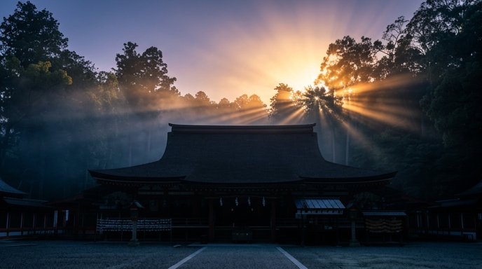 石上神宮の森に差し込む夜明けの光