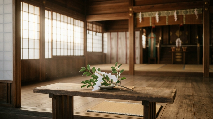 神社の祭壇に置かれた玉串と柔らかな午後の光