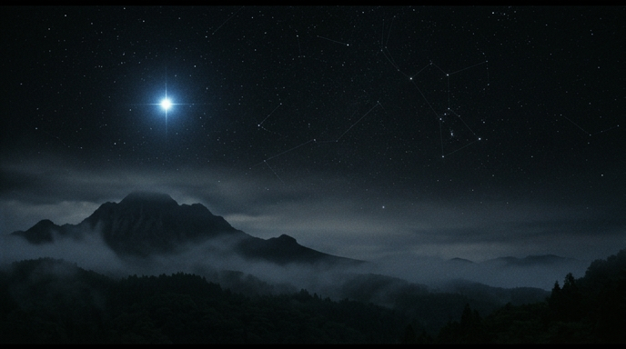夜空に一つだけ冷たい光を放つ星と、霧に包まれた山影