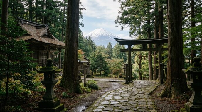 朝の光が差す境内で掃き清められた社前の風景