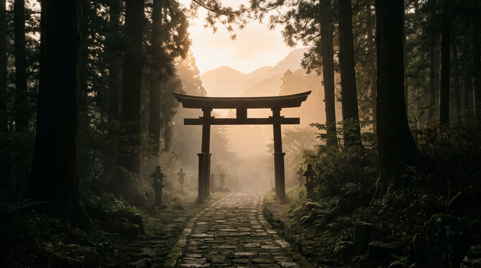 朝日が差し込む鳥居越しの参道