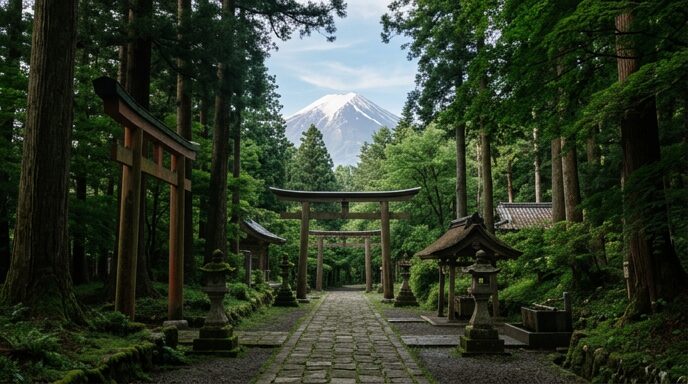 木立の向こうに富士山を感じる神社参道の風景