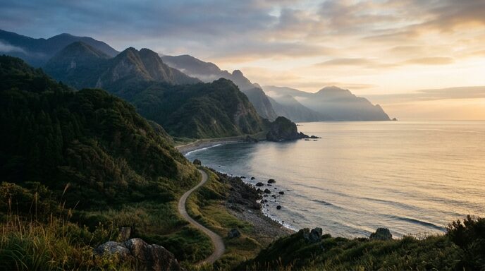 海と山が出会う夜明けの海岸、二つの世界を繋ぐ静かな道