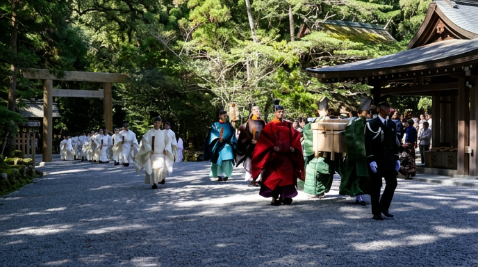 正午の光の中、奉仕者たちが参道を進む後ろ姿