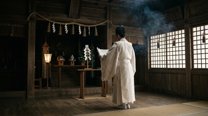 神職が祝詞を奏上する、早朝の社殿