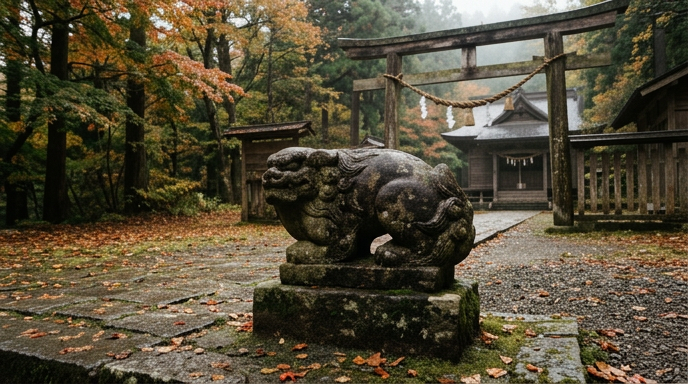 うずくまる姿勢の地方色ある狛犬
