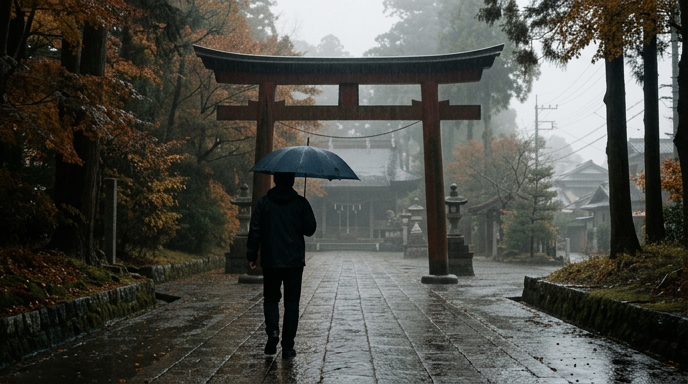 雨の日の鳥居と傘を差す後ろ姿