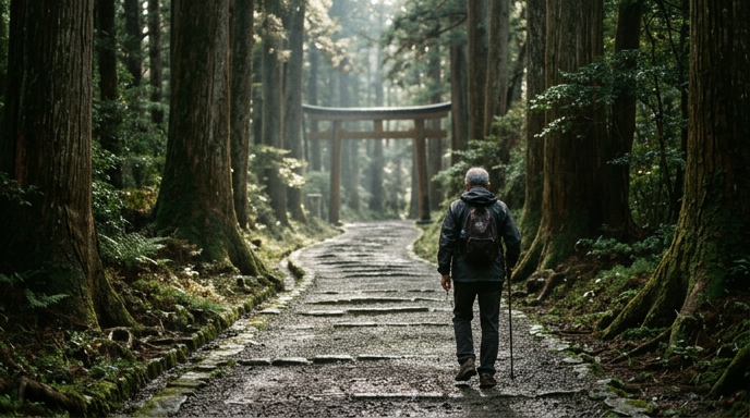 参道を歩く人の後ろ姿と歩きやすいスニーカー