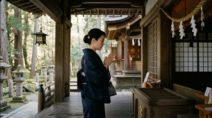 拝殿の前で手を合わせる参拝者の横顔、朝の柔らかな光