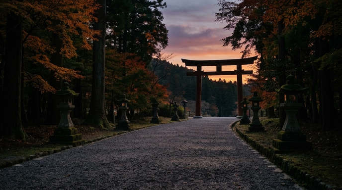 夕暮れの静かな神社の境内、玉砂利の参道と鳥居のシルエット