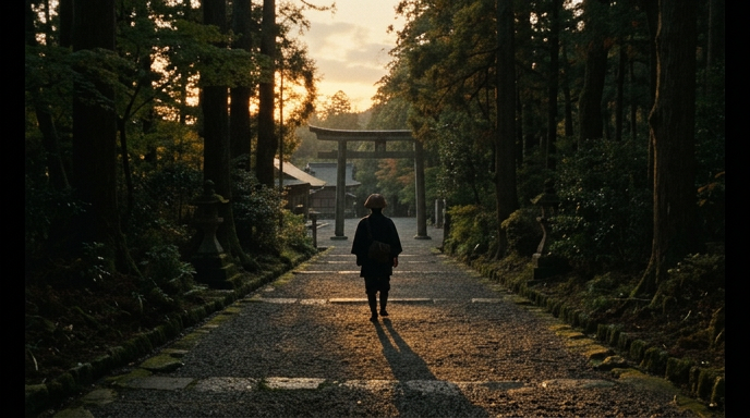 神社の境内を静かに歩き去る人物の後ろ姿、夕暮れの光