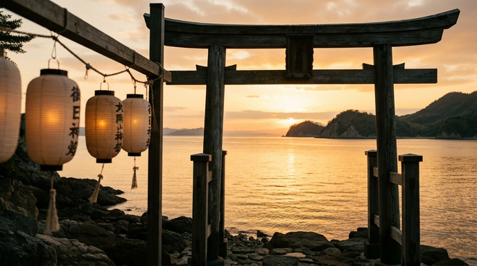 鳥居越しに見える穏やかな夕暮れの海