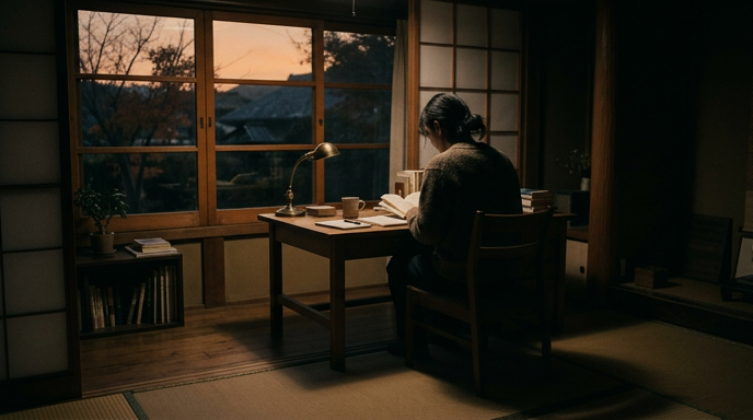 秋の夕暮れ、薄暗くなる部屋で机に向かう後ろ姿