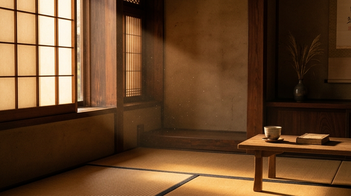 秋の夕光が部屋の一角を静かに満たす様子