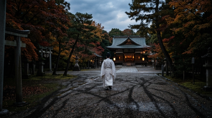 夕暮れの境内を一人歩く神職の後ろ姿