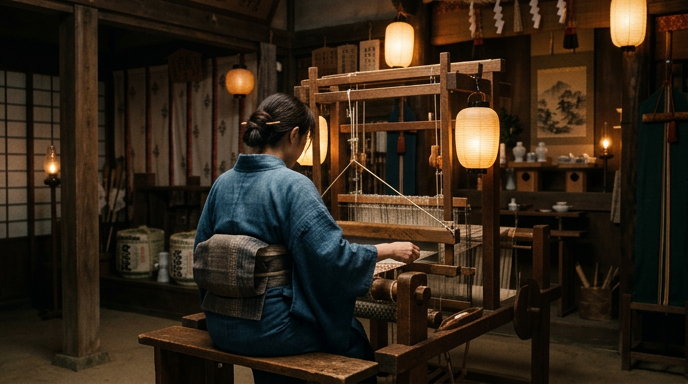 灯りのもとで機を織る女性の後ろ姿