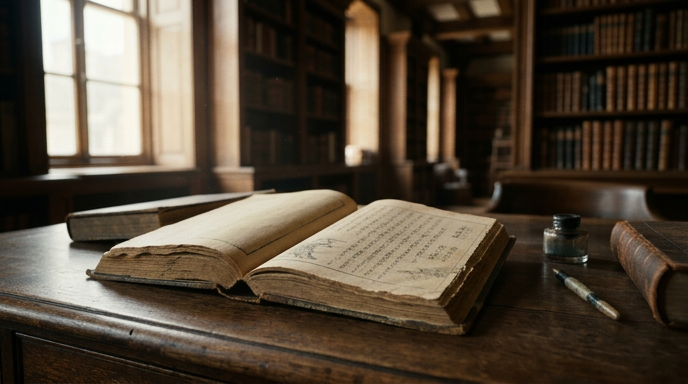 図書室の机に開かれた古い書物