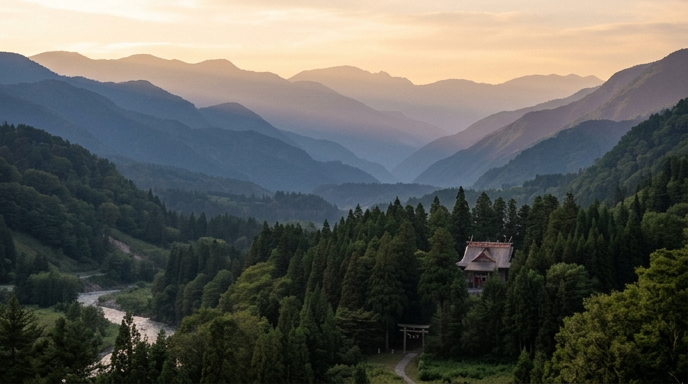 高千穂の山並みと夕景
