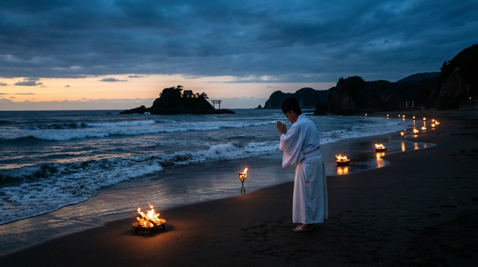 稲佐の浜、篝火のもとで祈る神職の姿