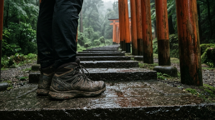 雨上がりの濡れた石段の上に置かれたトレッキングシューズ