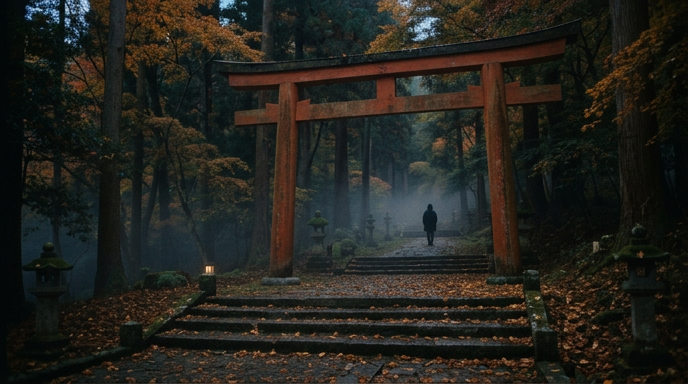 夕暮れの神社の鳥居、秋の静けさ