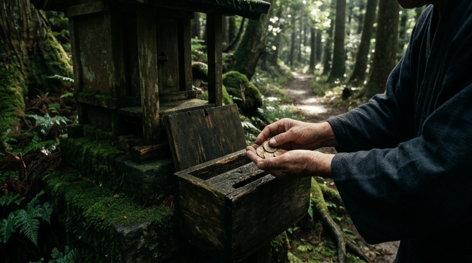 山道の小さなお宮の前で、お賽銭の小銭を手にしている様子