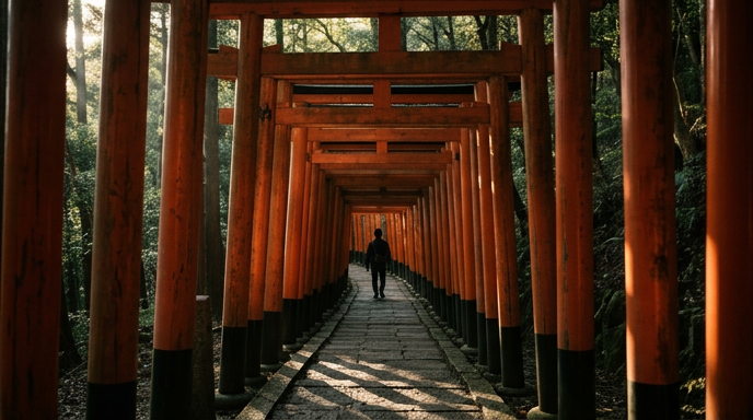 朝の光が差し込む千本鳥居の朱色のトンネルと、歩いていく人の後ろ姿