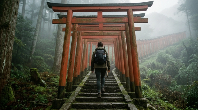 朝もやの中、朱の鳥居が連なる稲荷山の石段を登る参拝者の後ろ姿
