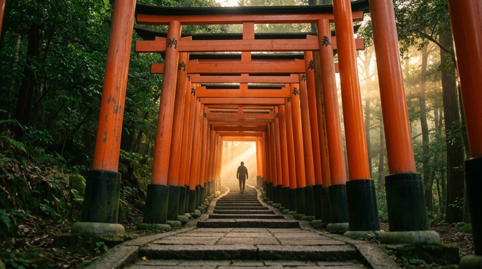 朝の光の中、奥へと続く千本鳥居の参道
