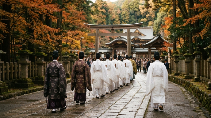 祭典で参道の中央を列になって進む神職たちの後ろ姿