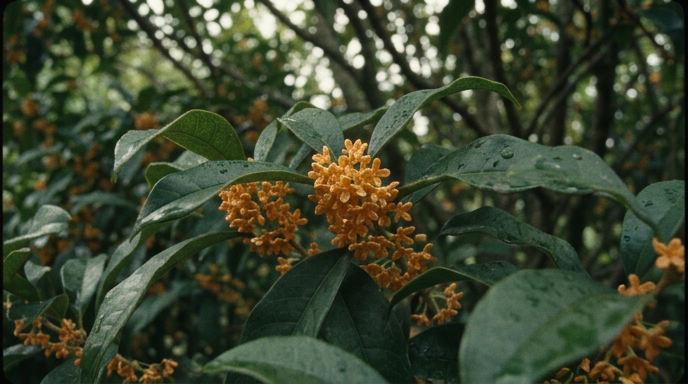 葉の間に咲く小さなオレンジ色の金木犀の花