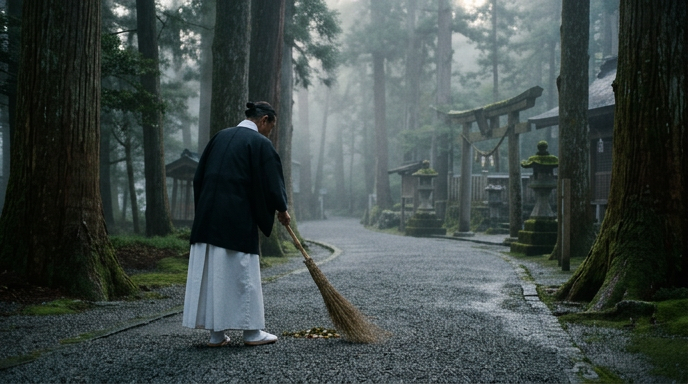 早朝、参道を掃き掃除する神職の後ろ姿