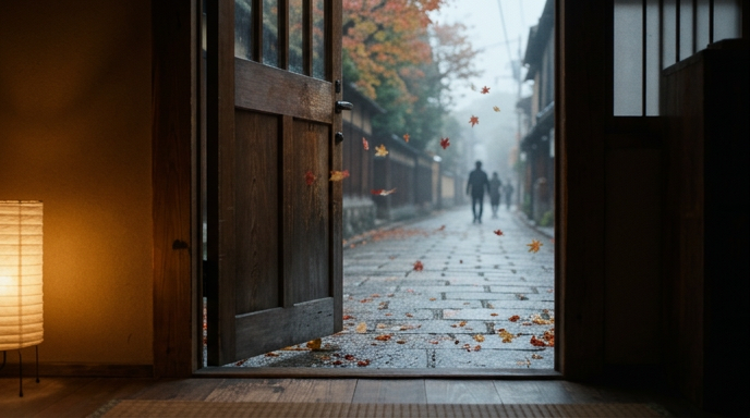 開いた玄関の先に広がる秋の朝の情景