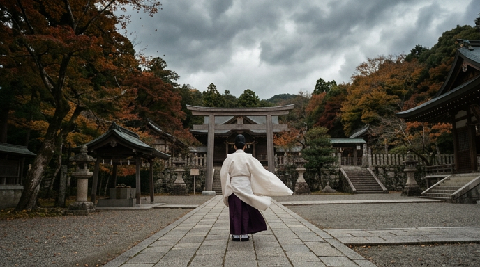 装束をまとい社殿の外に立つ後ろ姿