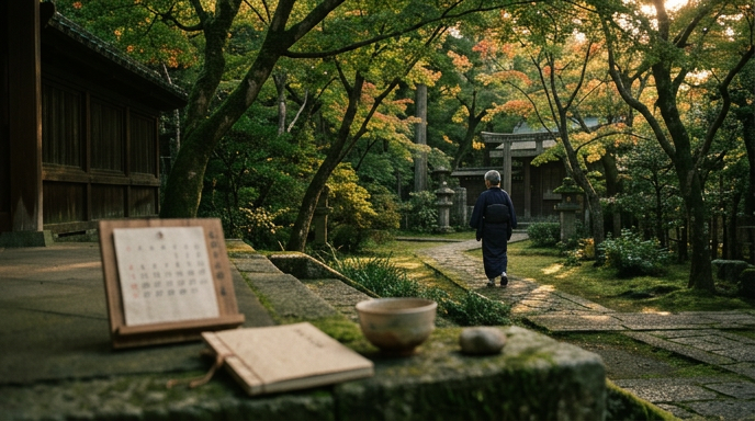 色づき始めた木々と神社の境内
