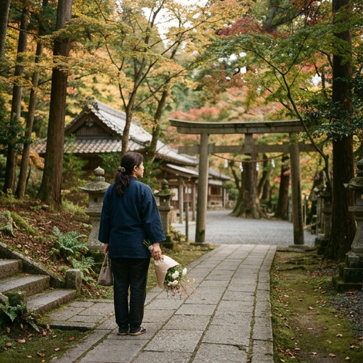 秋の境内を仏花を持って歩く参拝者の後ろ姿