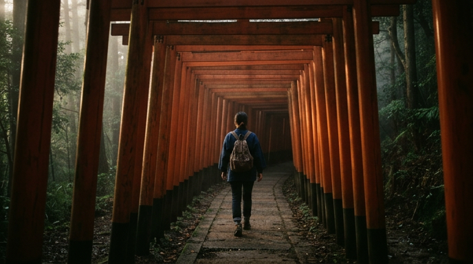 朝の光が差し込む千本鳥居の入口を、後ろ姿の人が歩いていく様子